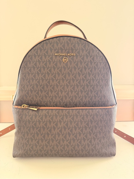 Michael Kors Handbags - Michael Kors Erin Medium Backpack Signature Brown MK Monogram Luggage Trim EUC